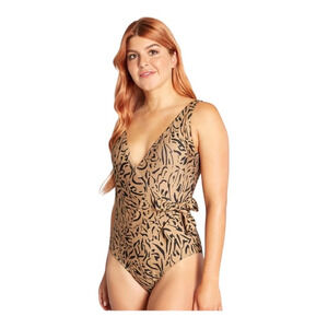 Modcloth Womens Bonita One Piece Swimsuit Animal Print V-Neck Brown Black Size M